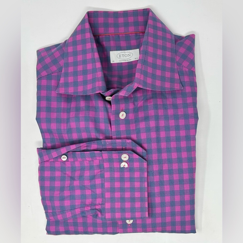 Eton Contemporary Plaid Shirt Men's 42 16 1/2 Purple Blue Check Long Sleeve
